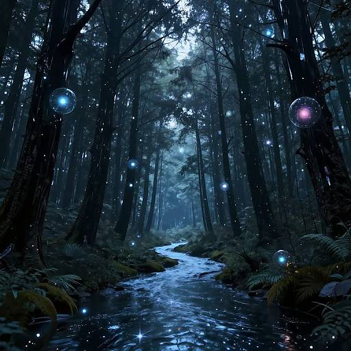 Digital artwork of a mystical forest at night, featuring a glowing blue stream, bioluminescent bubbles, and ethereal light filtering through tall trees.