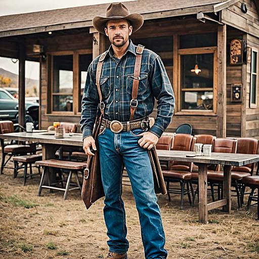 Cowboy in Western Outfit at Outdoor Diner