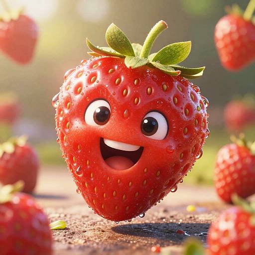 Happy Anthropomorphic Strawberry with Water Droplets