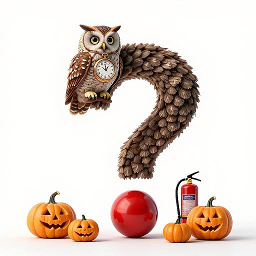 Photorealistic digital illustration of a brown owl with a clock, perched on a curved, fluffy tail, above three carved pumpkins, a red