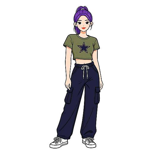 Digital anime-style drawing of a young woman with purple ponytail, green star crop top, black cargo pants, and white sneakers.
