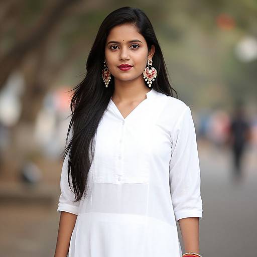 Photograph of a young Indian woman with long black hair, wearing a white V-neck top, ornate earrings, and red lipstick, standing outdoors with