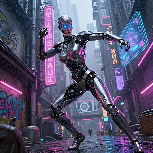 Cybernetic woman in neon-lit, rainy cyberpunk alley, futuristic pose, glowing blue eyes, metallic body, vibrant neon signs, digital