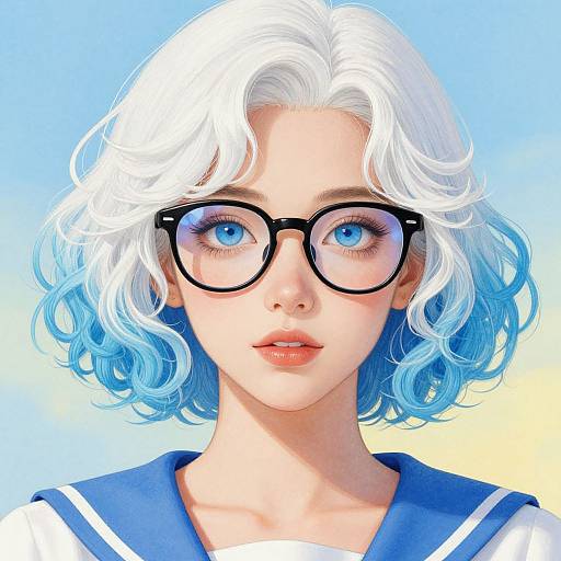 Digital anime-style portrait of a fair-skinned girl with white-blue curly hair, large black glasses, blue sailor uniform, and bright blue eyes against a
