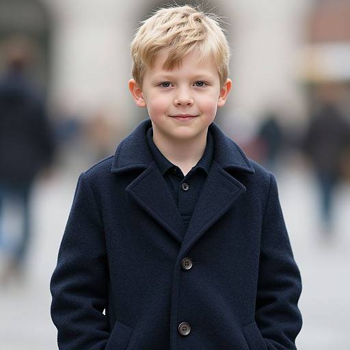 Photograph of a young blond boy with fair skin, wearing a dark navy coat, standing outdoors with a blurred city background.