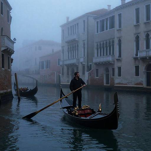 Solitary Gondolier on Foggy Venetian Canal