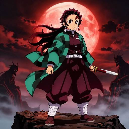 Anime-style digital illustration of a confident girl with long black hair, green coat, black pants, and katana, standing on a rock under a red