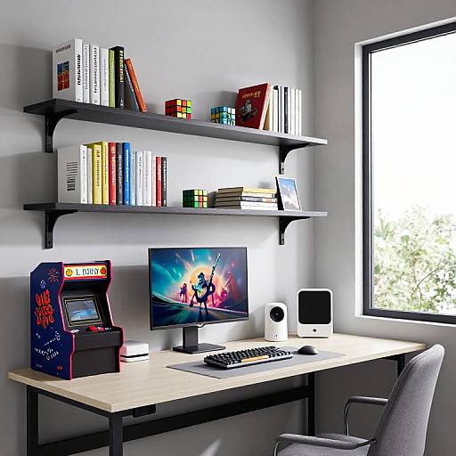 Modern home office with wooden desk, iMac, arcade machine, black shelves, colorful books, window, gray chair, and minimalist decor.