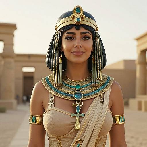 Photorealistic digital image of a young woman with dark blue bob haircut, wearing ancient Egyptian attire, gold and turquoise jewelry, and a tan dress,