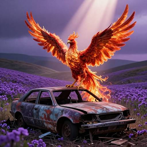 Digital illustration: A fiery phoenix with outstretched wings perches on a rusted, burned-out car in a vivid purple flower field under a dramatic