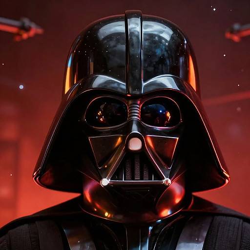 Digital artwork of Darth Vader's iconic black helmet and mask, reflecting red light, with dark background and subtle star-like sparkles.