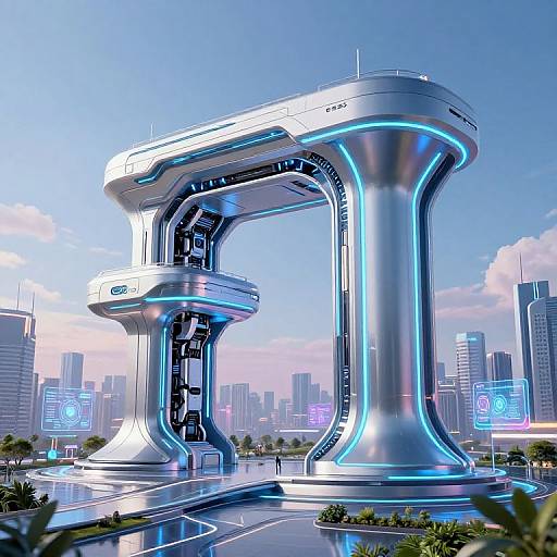 Photorealistic CGI of futuristic, silver skyscraper with glowing blue accents, located in a high-tech cityscape with neon-lit buildings.