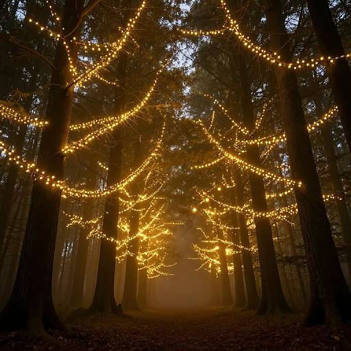 Photograph of a foggy forest at dusk, illuminated by warm yellow fairy lights draped across tall, dark tree trunks.