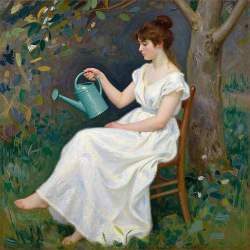 Painting of a fair-skinned woman with brown hair in a white dress, sitting on a wooden chair, holding a blue watering can, surrounded by