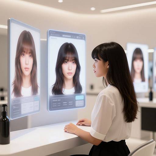 Virtual Bangs Try-On in Futuristic Studio