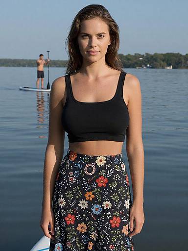 Photograph of a young woman with wet brown hair, wearing a black crop top and floral skirt, standing on a calm lake with a paddleboarder