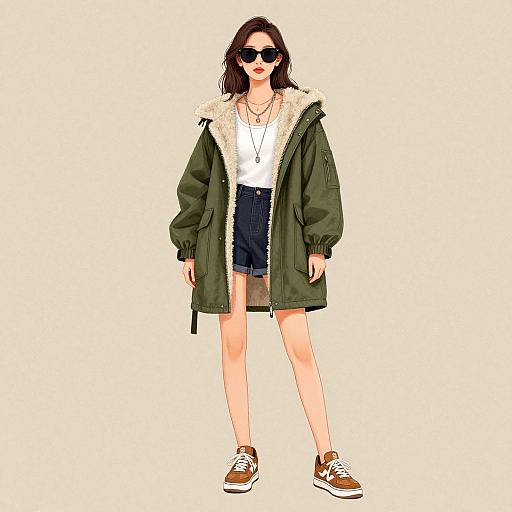 Digital illustration of a young woman with long brown hair, wearing black sunglasses, a green parka with white fur trim, white tee, blue denim shorts