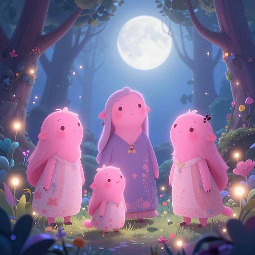 Digital illustration of five pink, fluffy, rabbit-like creatures with black eyes, wearing floral dresses, standing under a bright moon in a magical, glowing forest