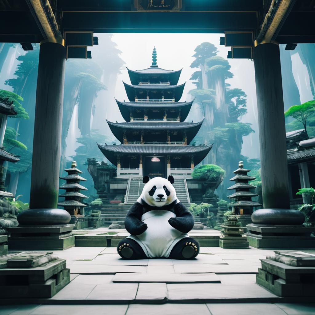 Panda Meditating in a Cosmic Temple