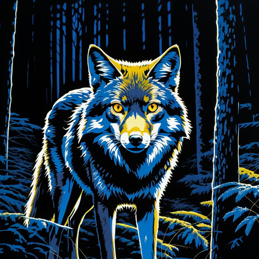 Coyote in Glowing Eyes Forest Scene