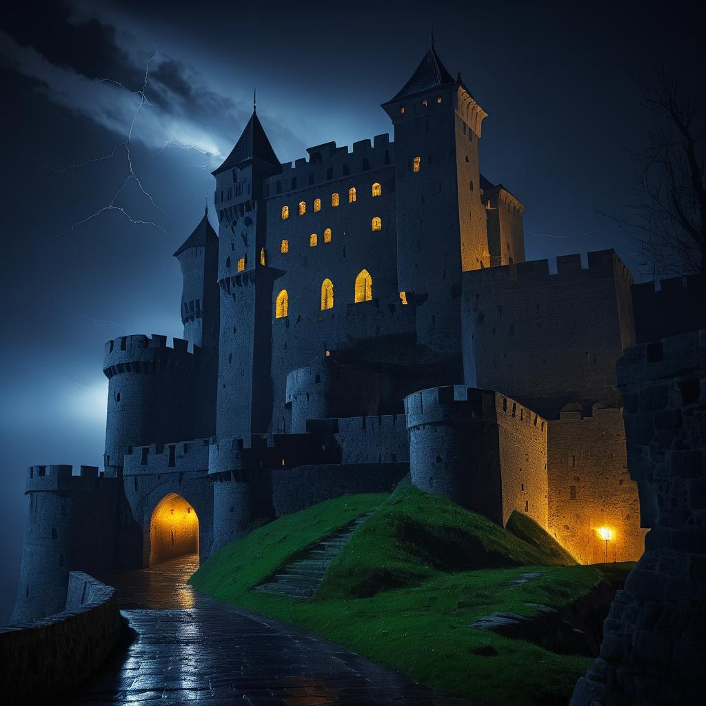 Eerie Night at the Rainy Fortress Castle