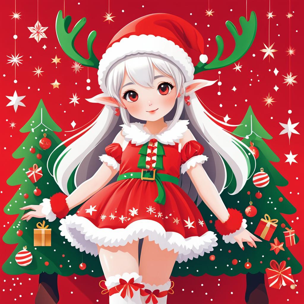 Kawaii Christmas Elf Girl in Santa Outfit