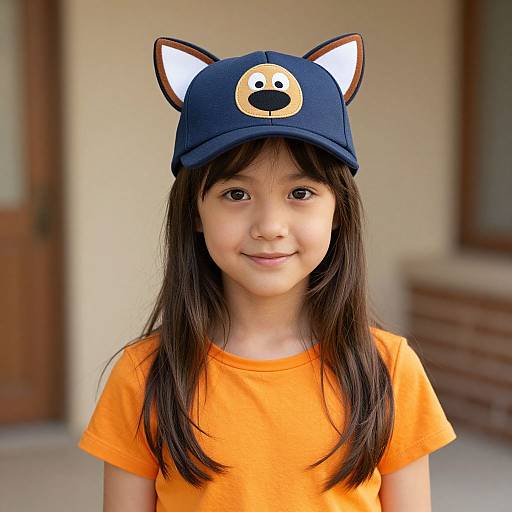 Photograph of a young Asian girl with long black hair, wearing an orange shirt and a blue cat-eared hat with a smiling face. Blurred