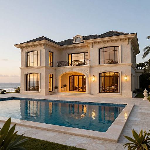 Luxurious Mediterranean-style mansion with beige stone walls, black-trimmed windows, and illuminated interior, featuring a sparkling blue pool at sunset.