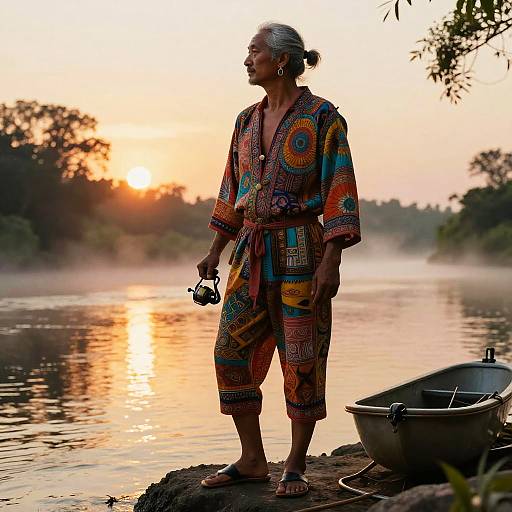 Photograph of an elderly woman with gray hair, wearing colorful, patterned robe, standing by a misty river at sunset, holding a can,