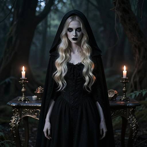 Gothic photograph of a pale, blonde woman with long, wavy hair, black dress, and veil, standing in a dark forest with lit