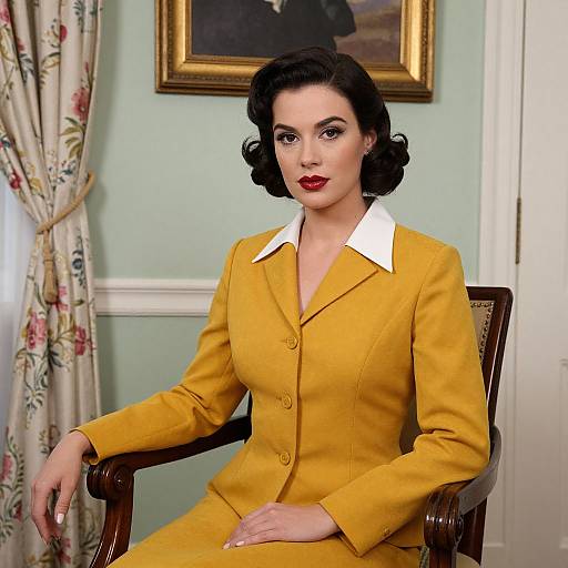 Photograph of a fair-skinned woman with vintage black curls, wearing a yellow suit with white collar, seated in a wooden chair, against a past