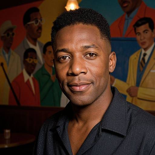 Photograph of a smiling African American man with short curly hair, wearing a dark blue shirt, standing in front of a colorful painting of himself and other