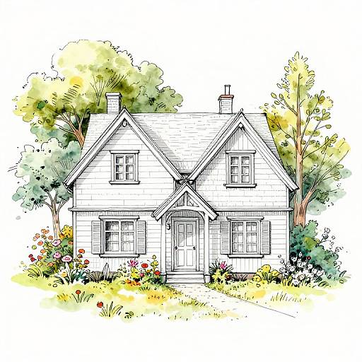 Colorful watercolor illustration of a charming white cottage with a gabled roof, surrounded by lush greenery, colorful flowers, and vibrant trees.