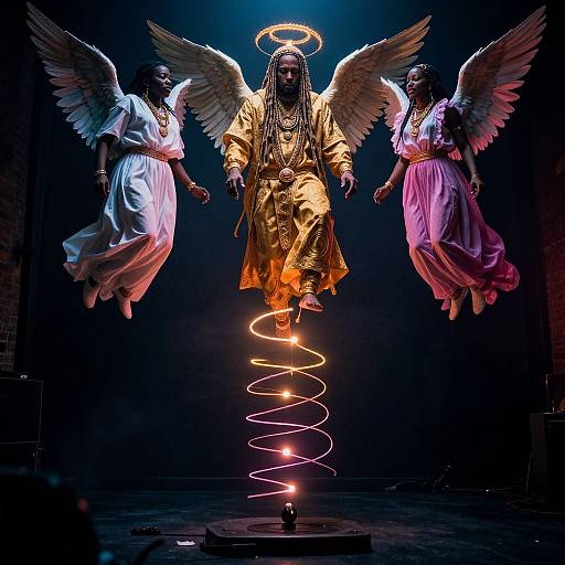 Photograph of a dramatic, illuminated sculpture depicting a central golden angel with wings and halo, flanked by two white- and pink-draped angels