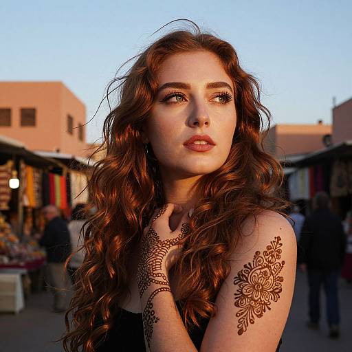 Photograph of a young woman with wavy, auburn hair, intricate floral tattoo on her right shoulder, wearing a black top, standing in