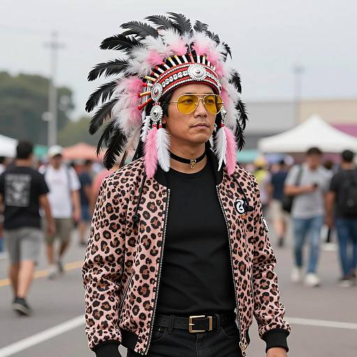 Man in Native American-Inspired Headdress at Urban Event