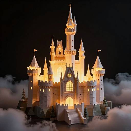 Photorealistic CGI of a glowing, medieval-style castle with multiple spires, illuminated against a dark night sky, surrounded by mist.