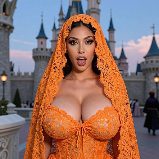 Photorealistic digital artwork of a voluptuous woman with large breasts, wearing an orange lace veil and dress, standing in front of a castle at dusk
