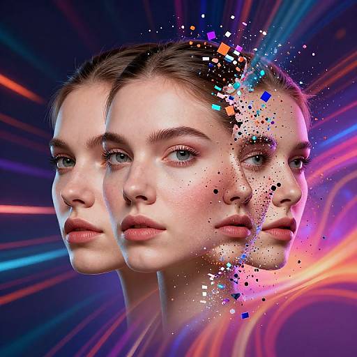 Digital artwork of two identical fair-skinned women with braided hair, overlapping faces, and colorful pixelated effects against a vibrant, neon background.