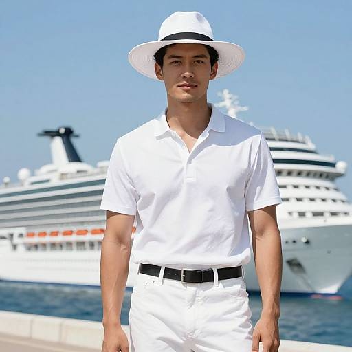Photograph of a young man in a white shirt, white pants, and wide-brimmed hat standing in front of a large white cruise ship on