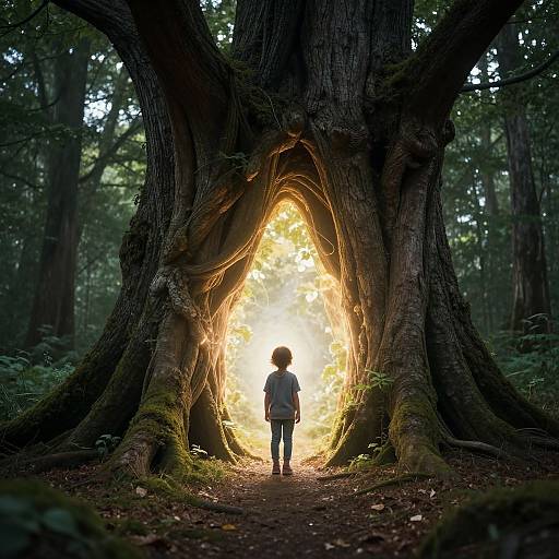 Photograph of a child standing in a mystical, glowing, tree heart-shaped opening in a dense, dark forest, with sunlight streaming through.