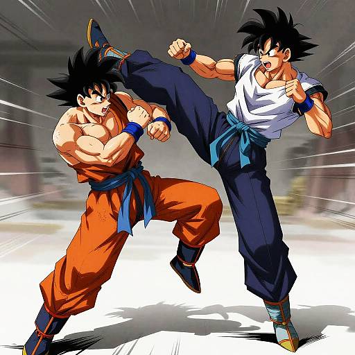 Digital art of two muscular anime characters, one in orange gi kicking the other in white shirt and blue pants, dynamic action pose, blurred background, intense