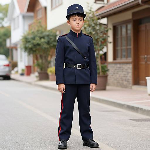 Photograph of a young boy in a black military-style uniform with a cap, black belt, and red stripes, standing on a suburban street.