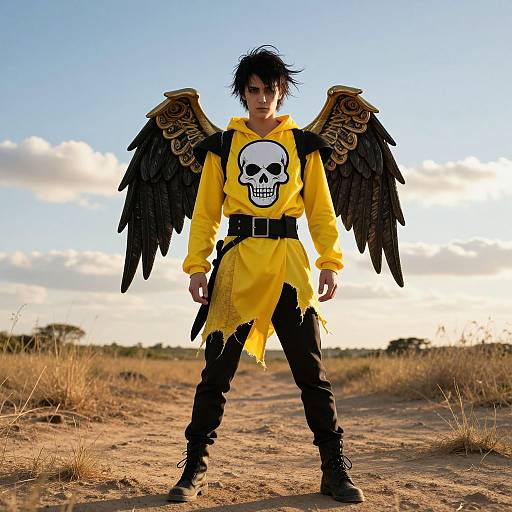 Person in Yellow Skull Costume with Ornate Wings