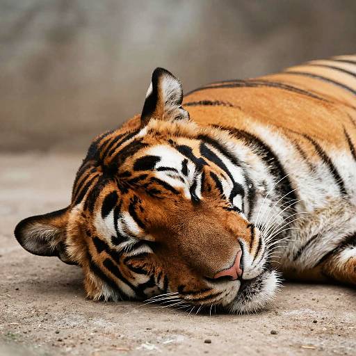 Photograph of a sleeping Bengal tiger with striking orange and black stripes, lying on a concrete surface with a blurred gray background.