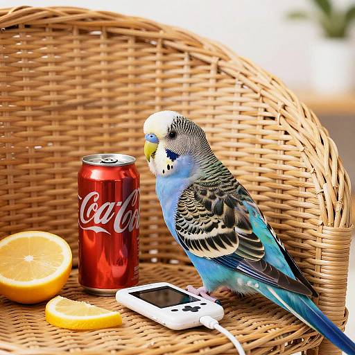 Blue Parakeet Relaxing with Soda and Game