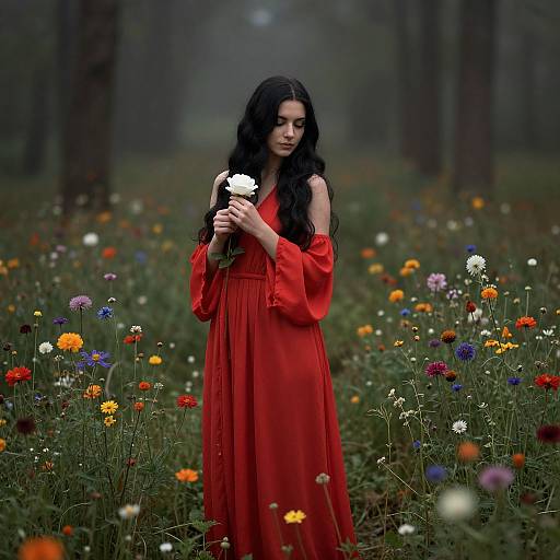 Photograph of a pale-skinned, dark-haired woman in a flowing red dress, holding a white flower in a misty, colorful meadow.
