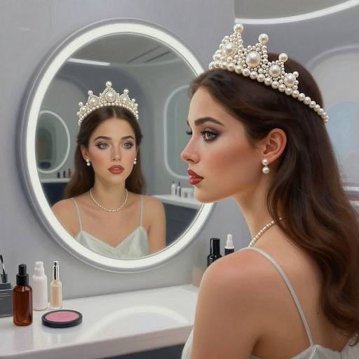 Photorealistic digital image of a fair-skinned woman with dark brown hair, wearing a pearl tiara and necklace, gazing at her reflection in