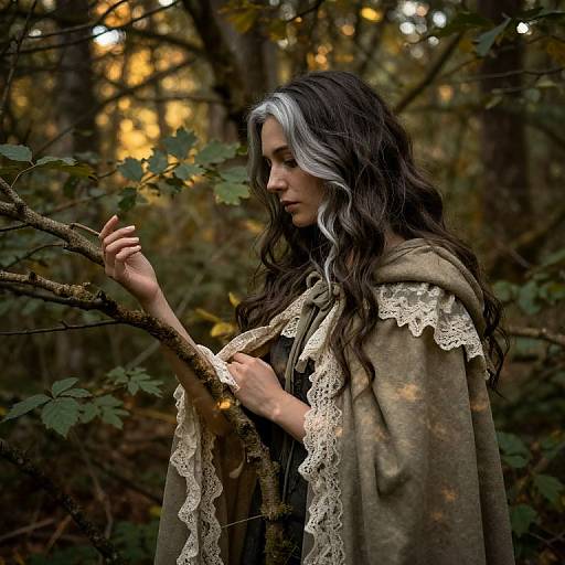 Photograph of a fair-skinned woman with long, wavy black and white hair, wearing a lace-trimmed, brown cloak, gently touching
