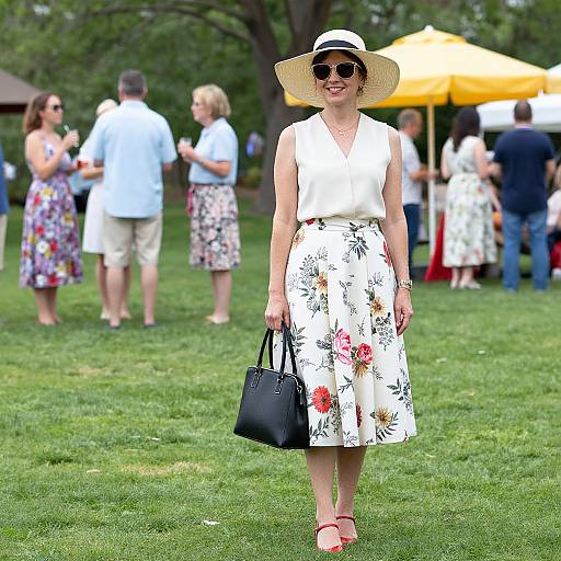 Photograph of a smiling woman in a white sleeveless blouse, floral skirt, wide-brimmed hat, sunglasses, black handbag, and pink